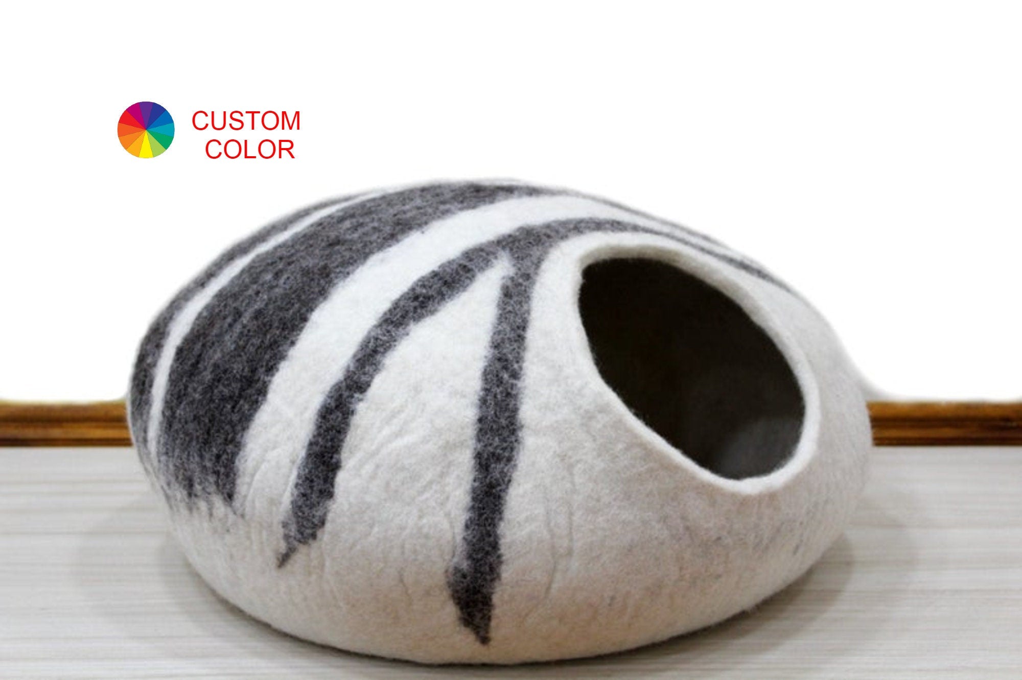 Handmade Wool Felt Cat Cave - White with Grey Stripe