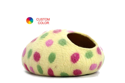 Handmade Wool Felt Cat Bed – Polka Dot Kitty House, Modern Pet Furniture