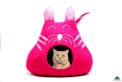 Pink Cat Shape Handmade Felted Cat Cave - Cozy Pet Bed - Gift for Pet  Lover - From Nepal