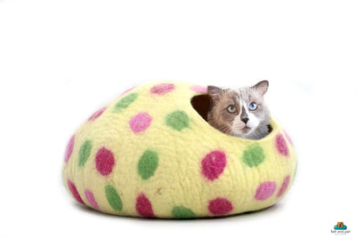 Handmade Wool Felt Cat Bed – Polka Dot Kitty House, Modern Pet Furniture