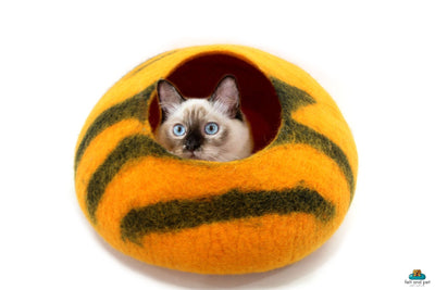 Felt Cat Cave – Tiger Stripe Wool Pet Bed, Handmade in Nepal