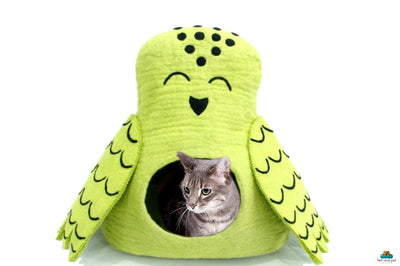 Handgemaakte vilten uil kattenmand – wollen kattenmand, lichtgroen