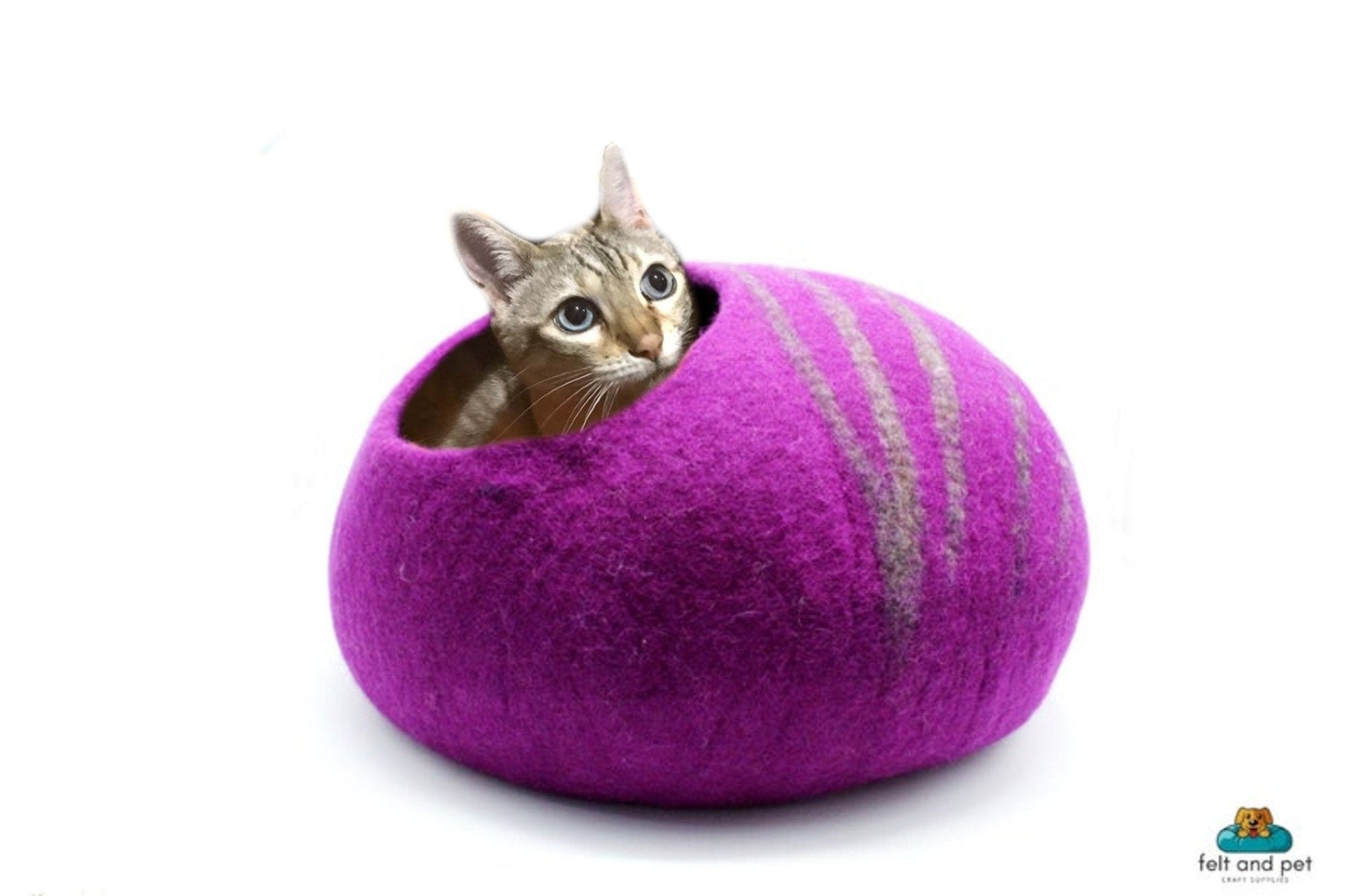 Felted Purple Cat Cave – Wool Cat Bed with Brown Stripes