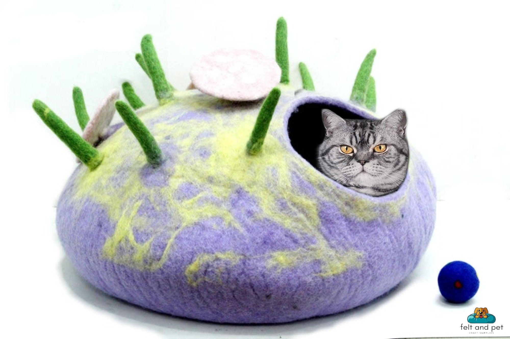 Handmade Felted Wool Cat Cave – Purple Fairy Toadstool Kitty House