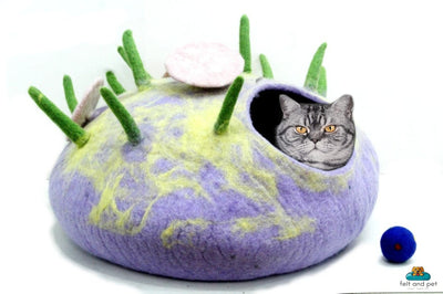 Handmade Felted Wool Cat Cave – Purple Fairy Toadstool Kitty House