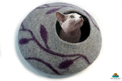 Hand-Felted Wool Cat Cave | Leaf Print Cat Cocoon