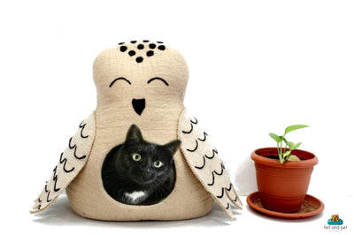 Wool Felted Cat Bed – Beige Owl Design, Pet Cave