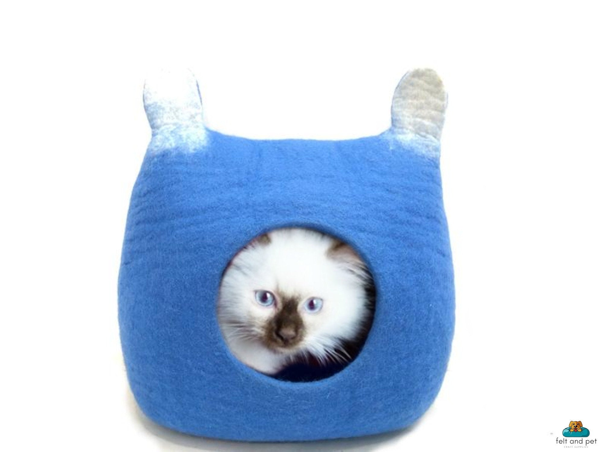 Blue Square Felt Cat Cave With Ear - Cozy Bed For Pet -  Handmade Pet Furniture