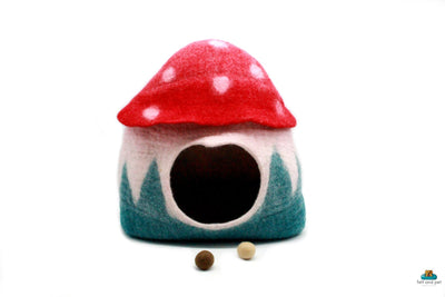Mushroom Felt Cat Cave -  Handmade Modern Pet Bedding- Wool Pet Bed - Free Shipping