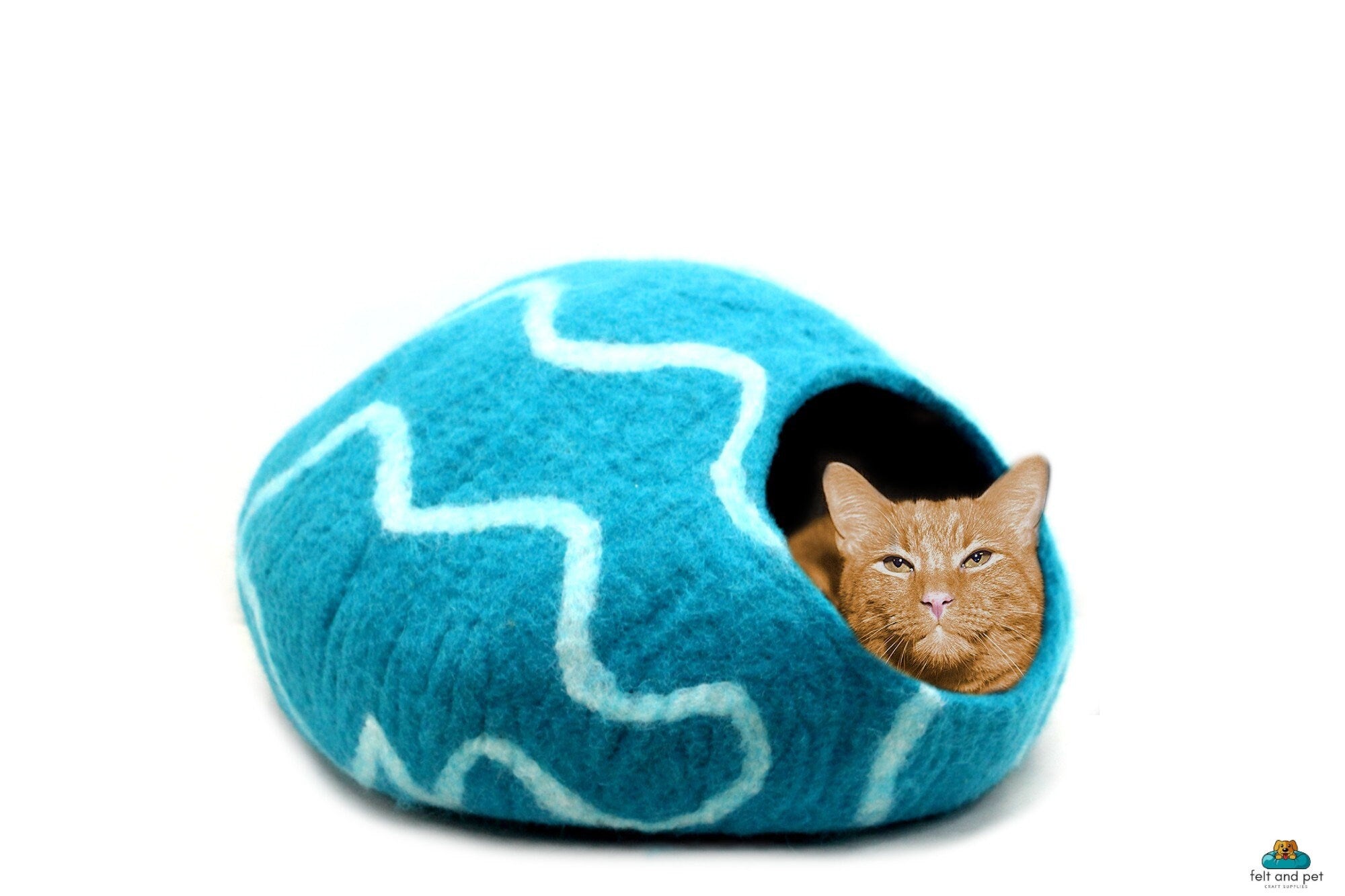 Cuccia per gatti in feltro blu oceano - Lettino per animali domestici in lana fatto a mano