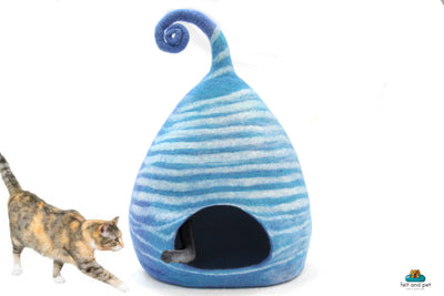 Handmade Felt Cat Cave – Blue Striped Wool Pet Bed