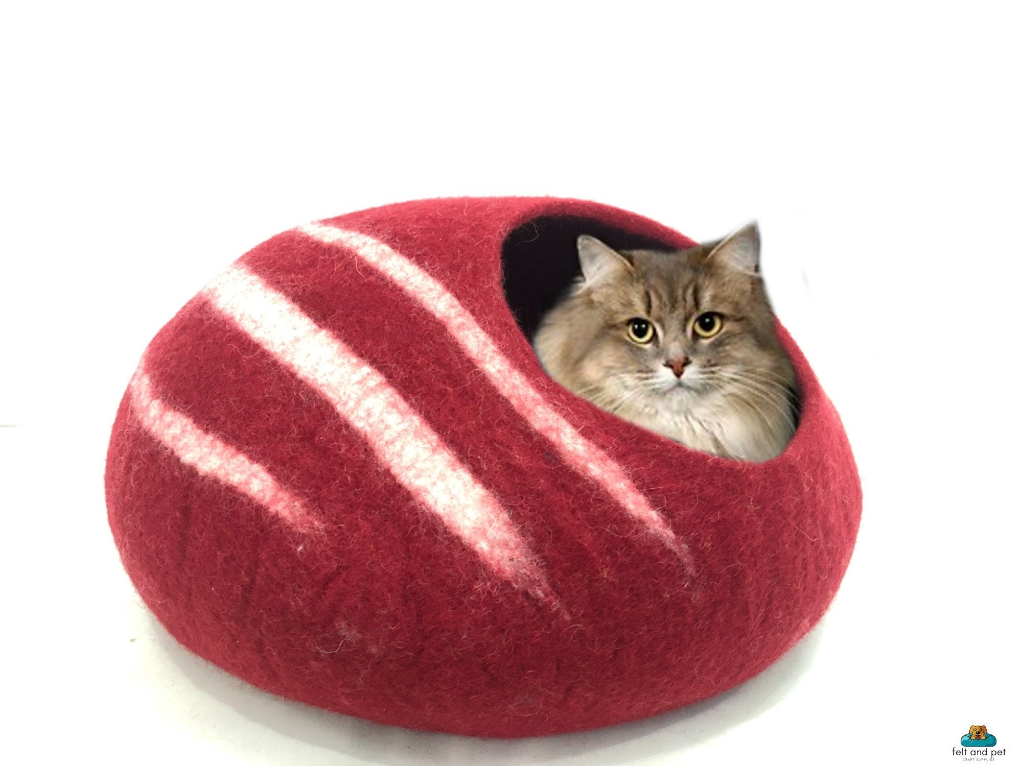 Handmade Maroon Wool Cat Cave – Striped Felt Cat Bed