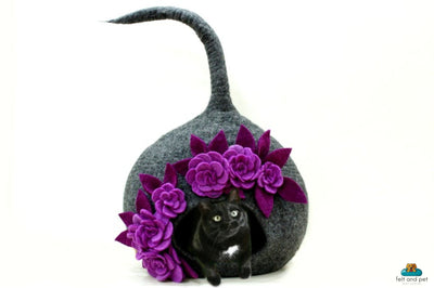 Felted Handmade Pod Dark Grey Felt Cat Cave - Cozy Flower Pet Bed - Wool Cat House - Pet Bedding - Modern Kitty Bed