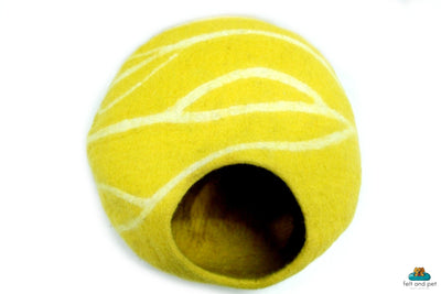 Hand-Felted Wool Cat Cave – Yellow with White Stripes