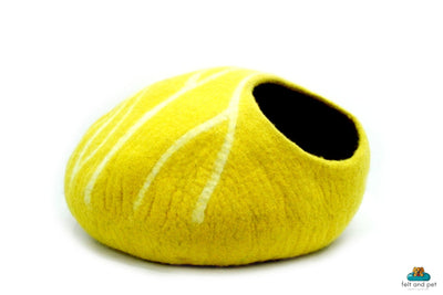 Hand-Felted Wool Cat Cave – Yellow with White Stripes