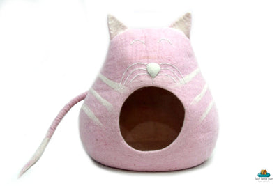 Hand Felted Wool Cat Cave – Pink Cat Head Design, Cozy Pet Bed