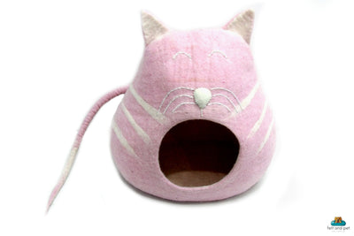 Hand Felted Wool Cat Cave – Pink Cat Head Design, Cozy Pet Bed