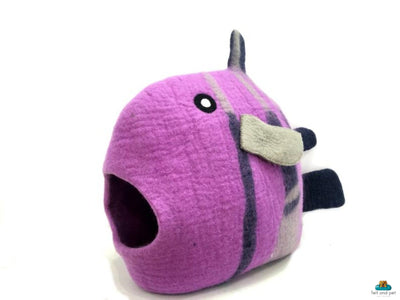 Handmade Wool Cat Cave – Pink Fish Felt Bed, Cozy Kitty House