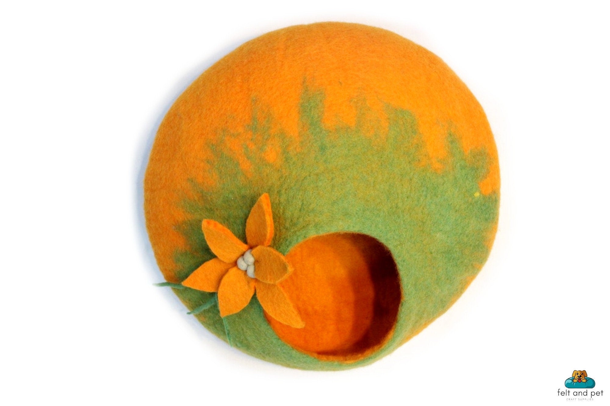 Handmade Felt Cat Cave – Orange Floral Wool Pet Bed