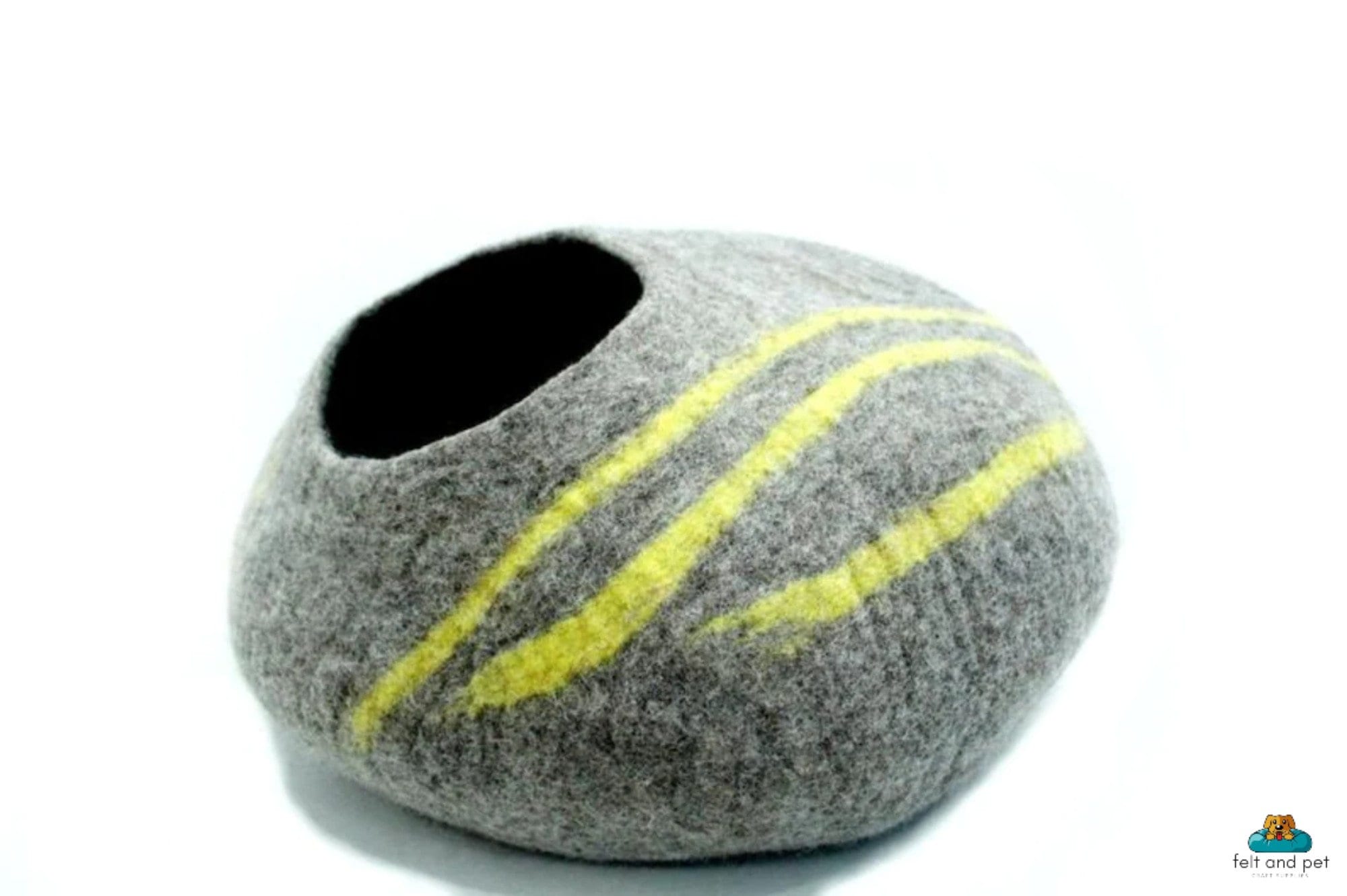 Felt Cat Cave – Gray Wool Basket with Yellow Stripes