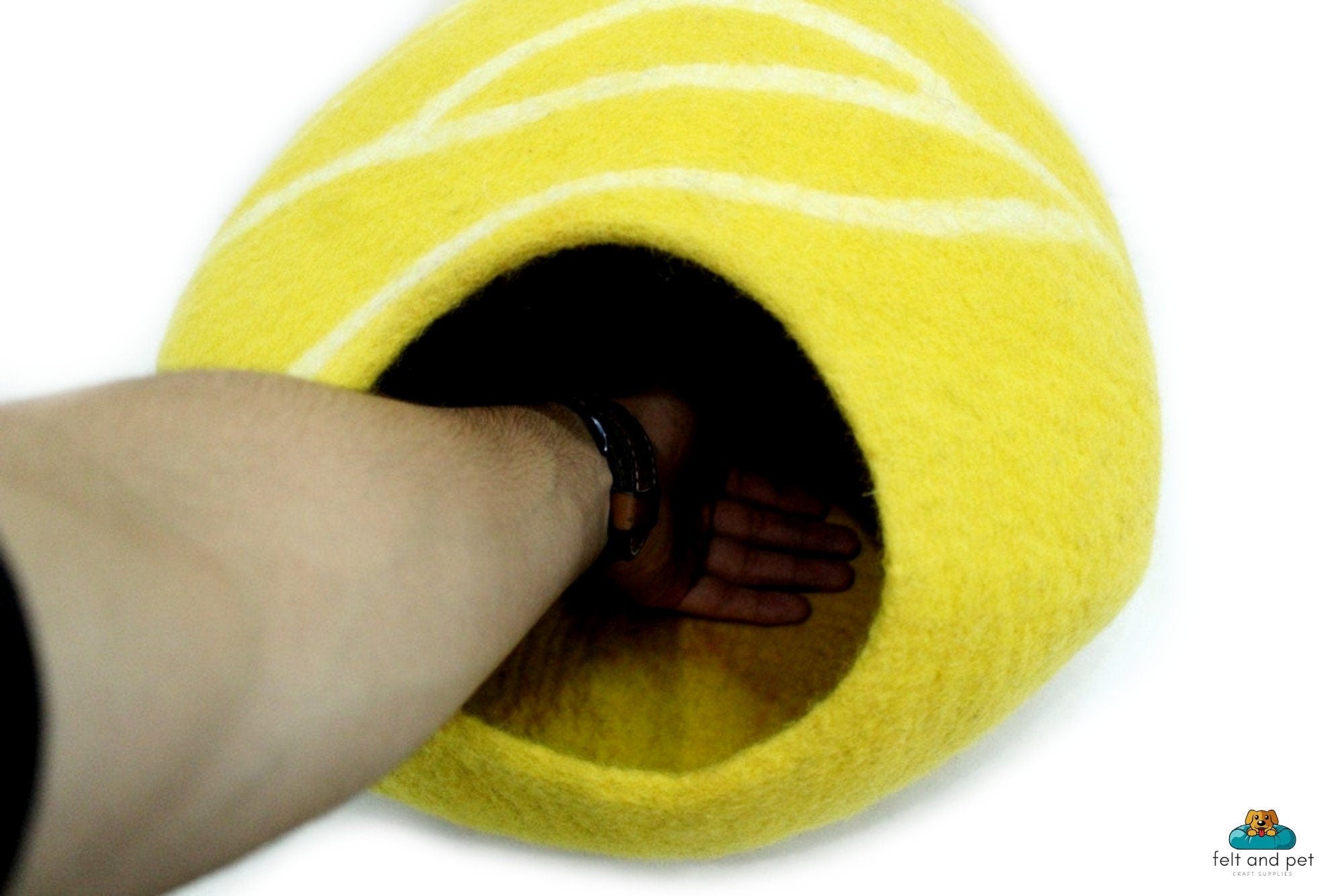 Hand-Felted Wool Cat Cave – Yellow with White Stripes