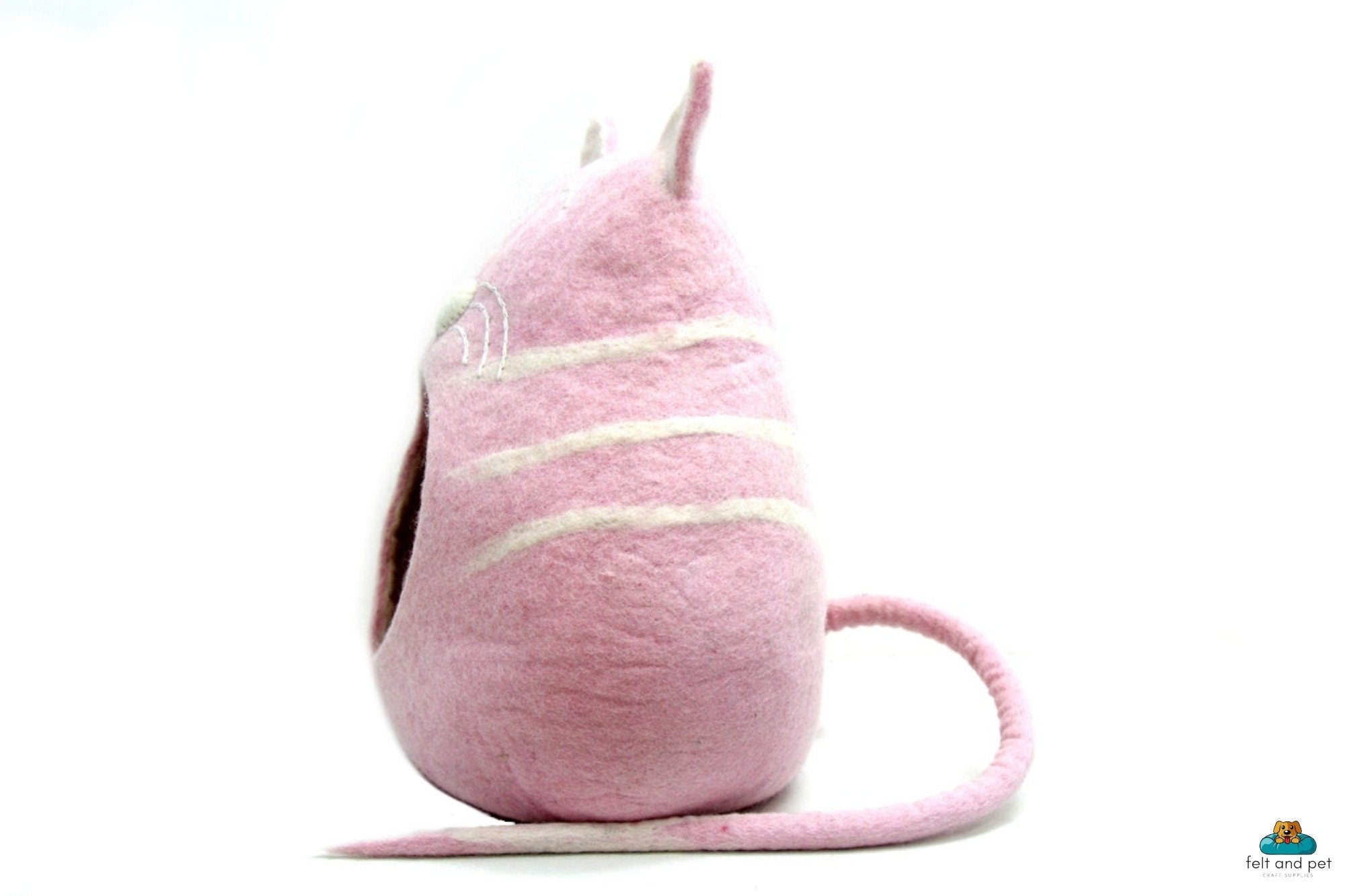 Hand Felted Wool Cat Cave – Pink Cat Head Design, Cozy Pet Bed