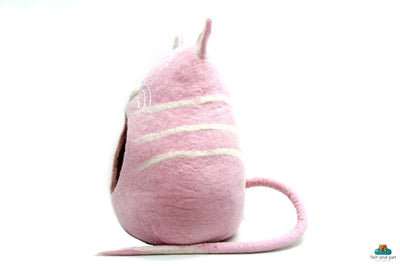 Hand Felted Wool Cat Cave – Pink Cat Head Design, Cozy Pet Bed