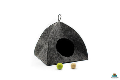 Dark Grey Tent Felt Cat Cave - Felted Pet Bed for Your Cat - Handmade in Nepal - Modern Pet Furniture