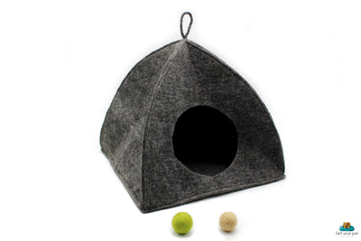Dark Grey Tent Felt Cat Cave - Felted Pet Bed for Your Cat - Handmade in Nepal - Modern Pet Furniture