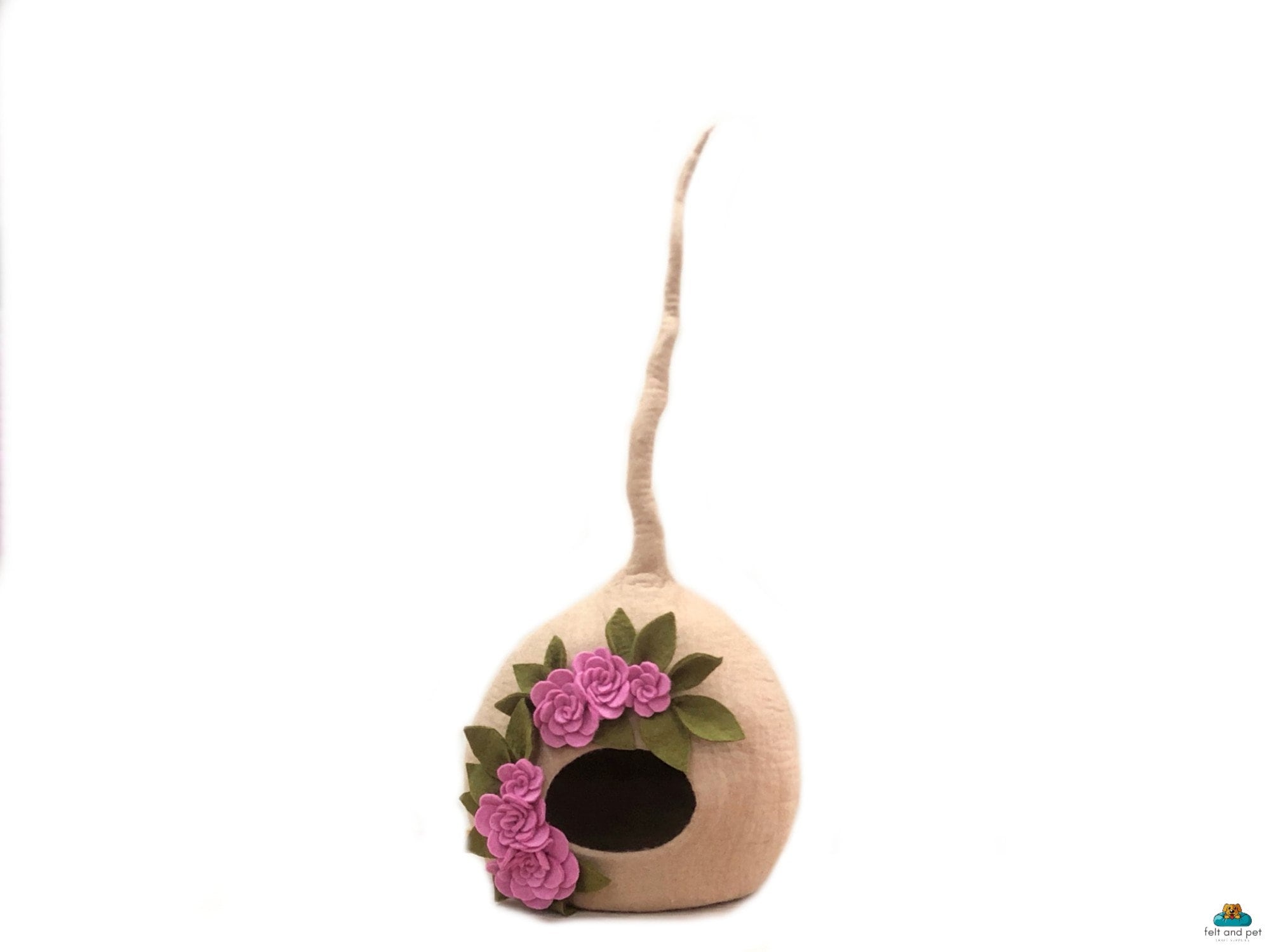 Beige Wool Pod Pet House - Felt Flower Cat Cocoon - Felt Cat Cave - Pet Furniture - Personalized by Name - Handmade in Nepal