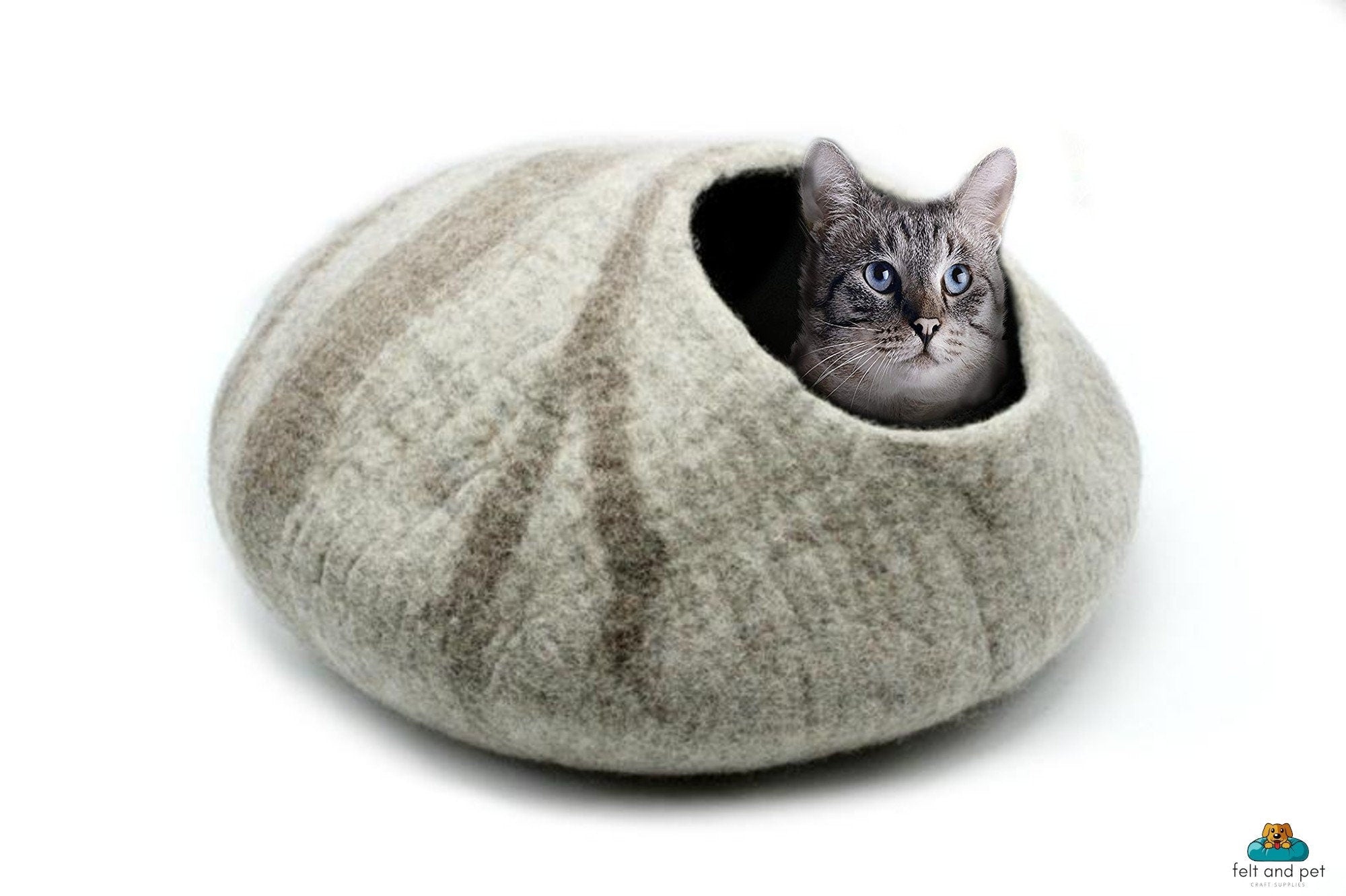 Handmade Striped Wool Cat Cave – Felt Pet Bed