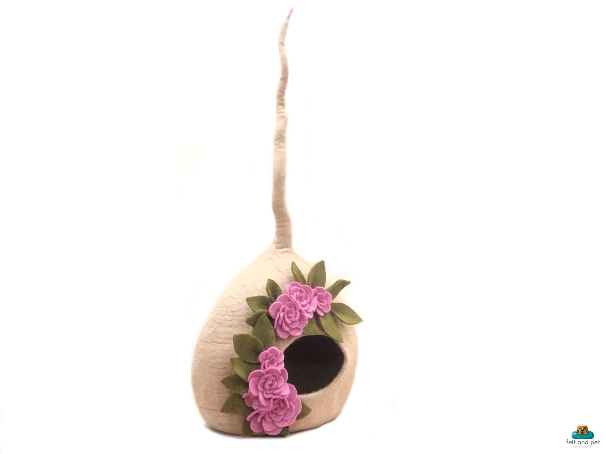 Beige Wool Pod Pet House - Felt Flower Cat Cocoon - Felt Cat Cave - Pet Furniture - Personalized by Name - Handmade in Nepal
