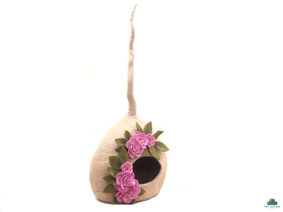 Beige Wool Pod Pet House - Felt Flower Cat Cocoon - Felt Cat Cave - Pet Furniture - Personalized by Name - Handmade in Nepal