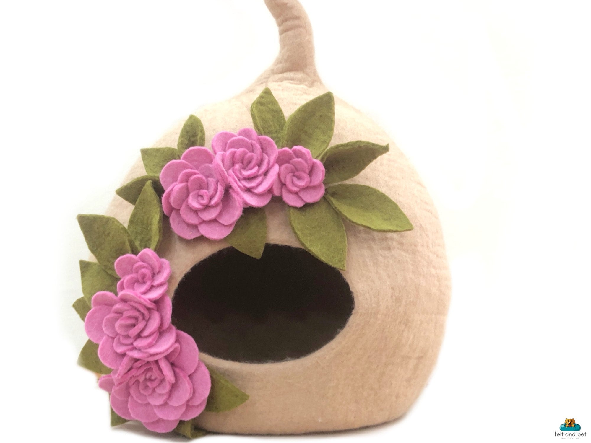 Beige Wool Pod Pet House - Felt Flower Cat Cocoon - Felt Cat Cave - Pet Furniture - Personalized by Name - Handmade in Nepal