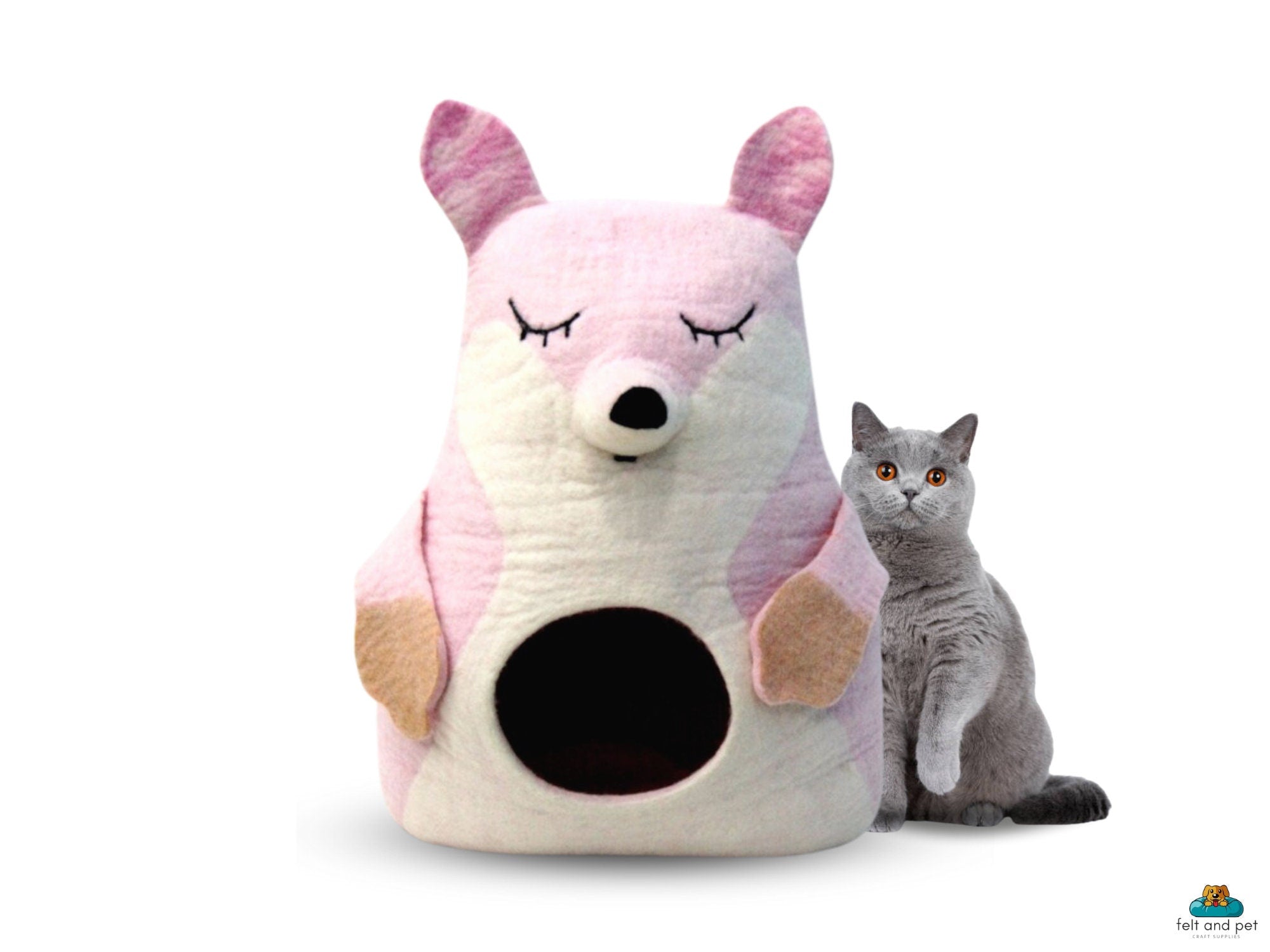 Pink Fox Felted Cat Cave | Natural Wool Pet Bed (45cm)