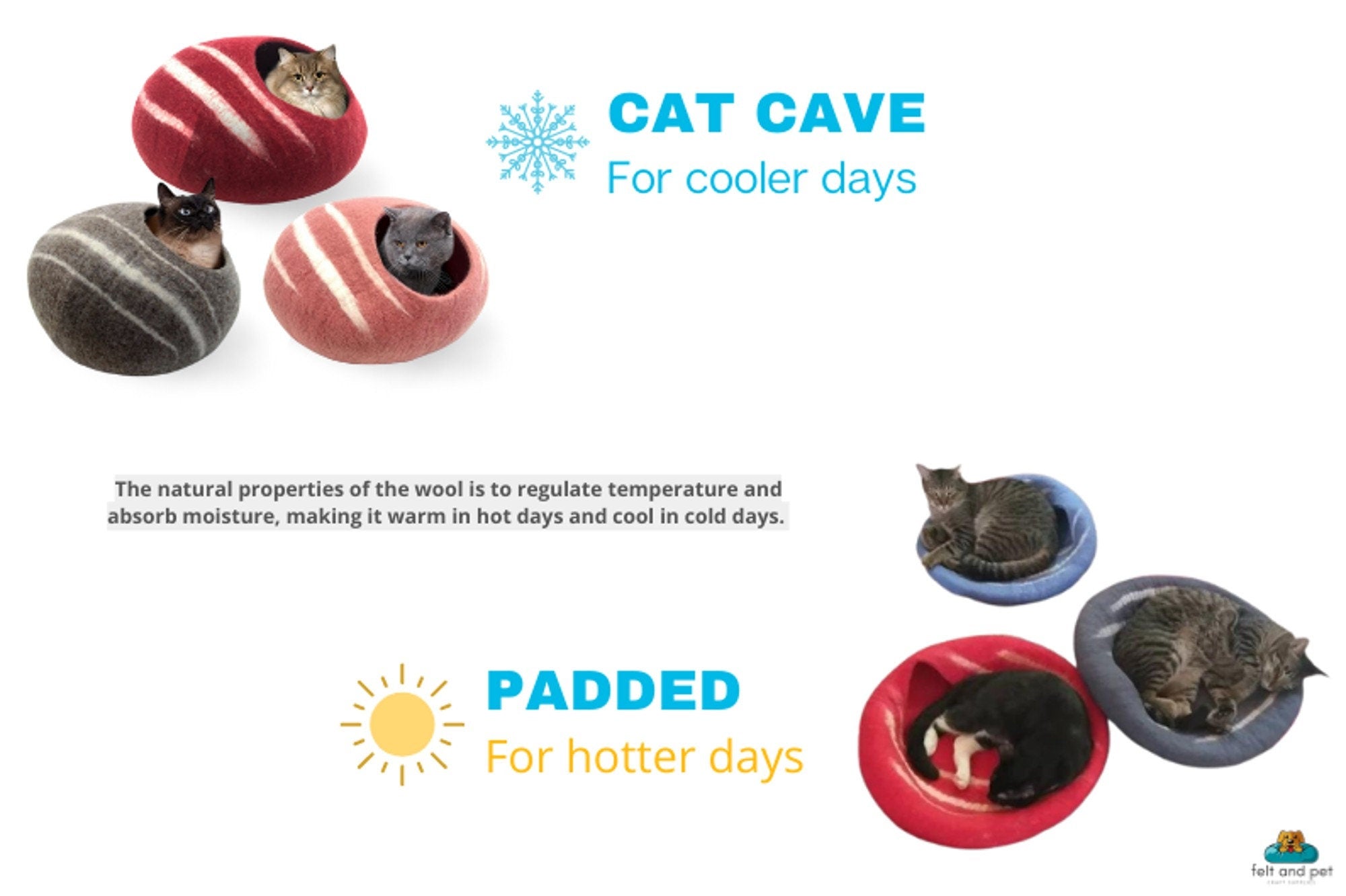 Handmade Wool Felt Cat Cave – Thunder Design, Cozy Kitty Bed