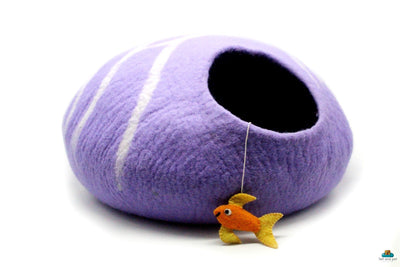 Cuccia per gatti in feltro (viola) | Lettino rotondo a righe | Rifugio caldo, accogliente e sostenibile per il tuo animale domestico! Cuccia per gatti realizzata a mano