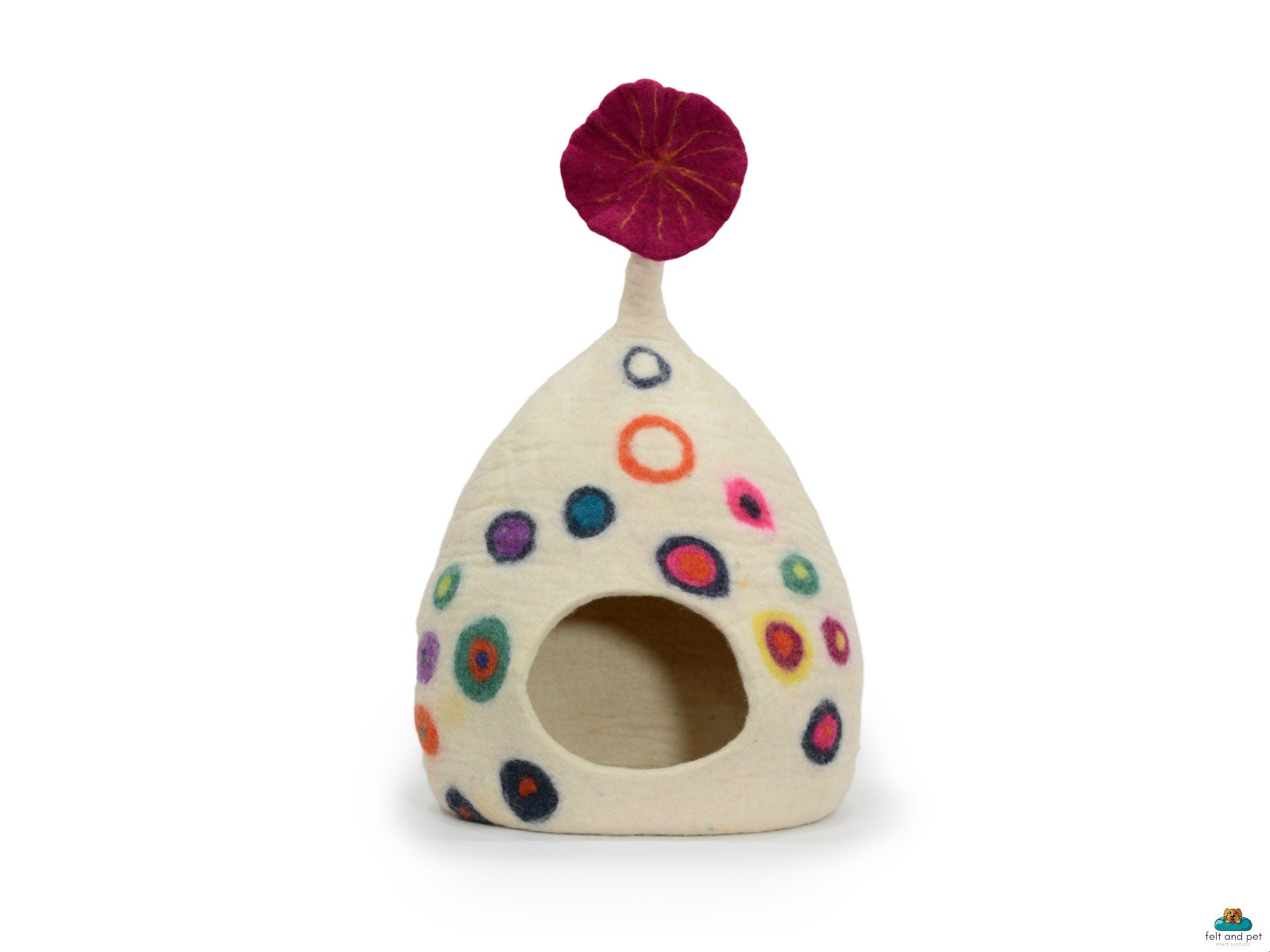 Felt Cat Cave - White Tear Drop with Dot - Pet Furniture - Cat Nap Cocoon-  Eco Friendly Pet Bed