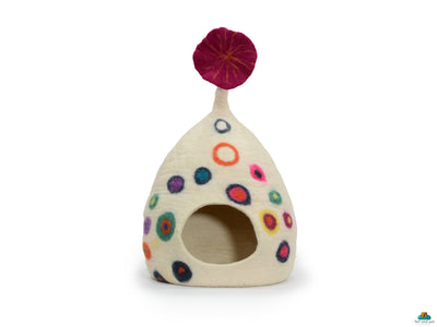 Felt Cat Cave - White Tear Drop with Dot - Pet Furniture - Cat Nap Cocoon-  Eco Friendly Pet Bed