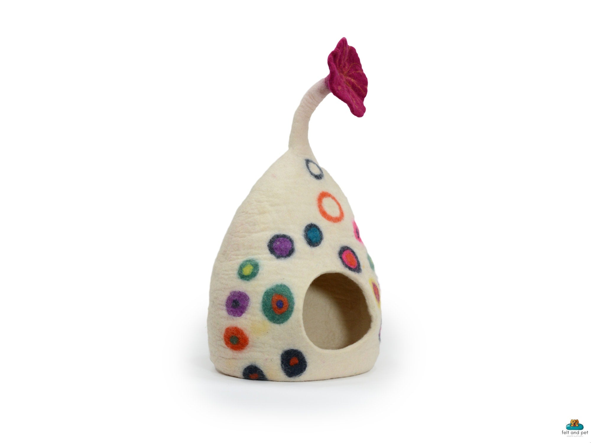 Felt Cat Cave - White Tear Drop with Dot - Pet Furniture - Cat Nap Cocoon-  Eco Friendly Pet Bed