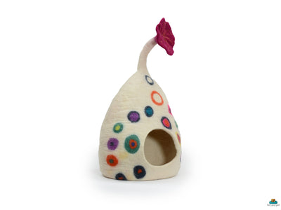 Felt Cat Cave - White Tear Drop with Dot - Pet Furniture - Cat Nap Cocoon-  Eco Friendly Pet Bed