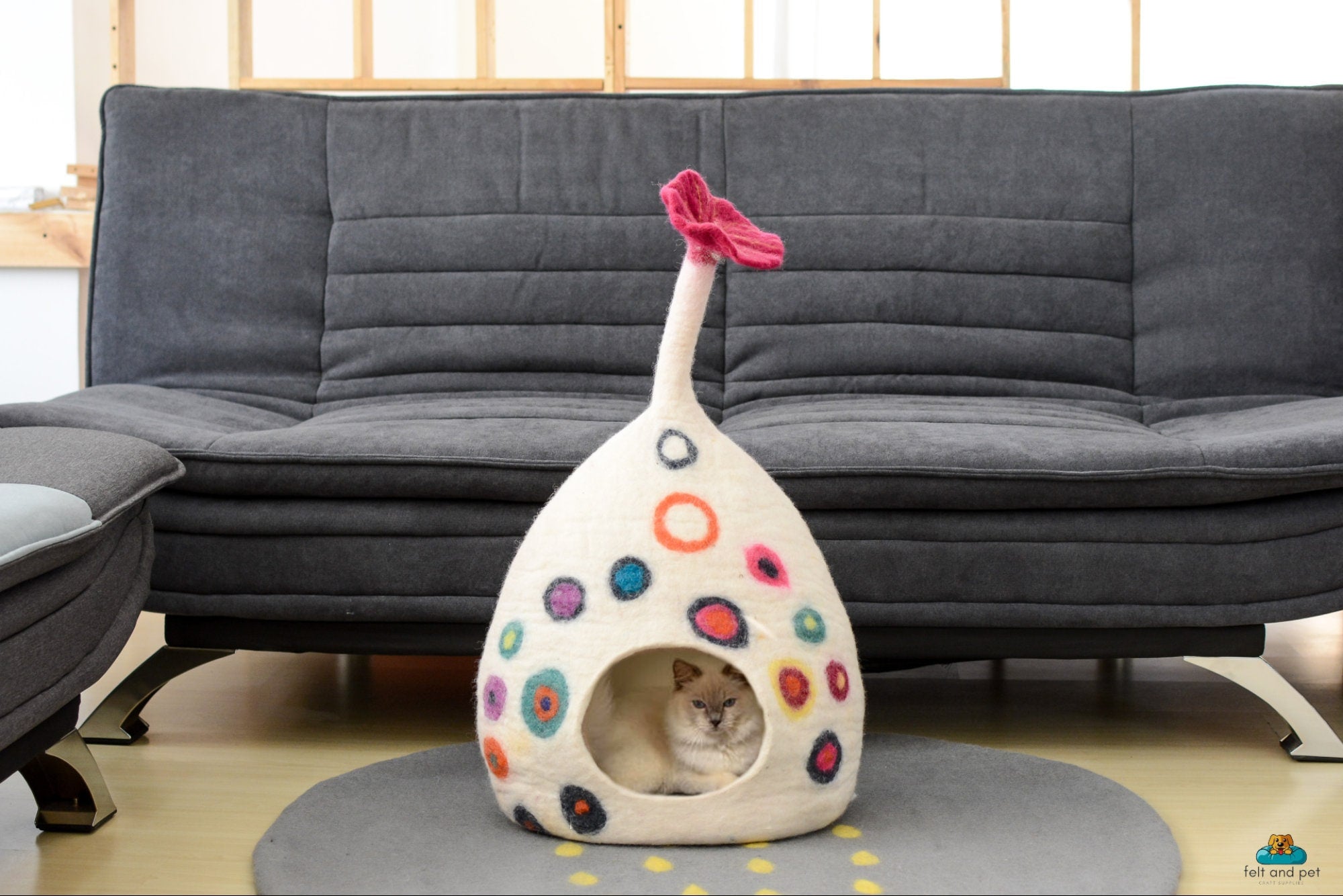 Felt Cat Cave - White Tear Drop with Dot - Pet Furniture - Cat Nap Cocoon-  Eco Friendly Pet Bed