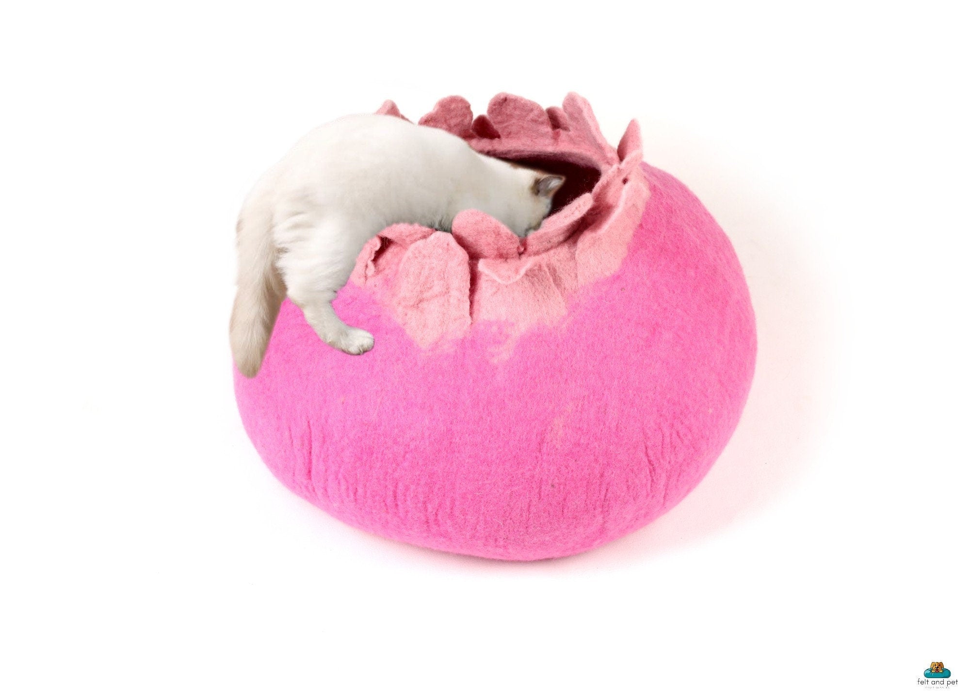 Handmade Pink Floral Wool Cat Cave – Felt Pet Bed