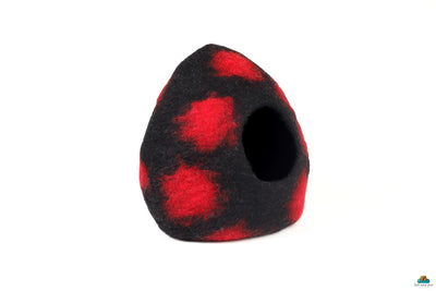 Black with Red Spot Cat Cave Bed - Polka Dot Wool Cocoon - Kitty Warmer - Kitty Nest - Cat Woolen House