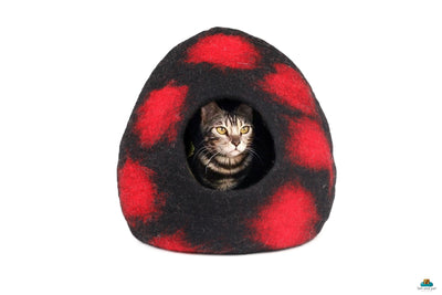 Black with Red Spot Cat Cave Bed - Polka Dot Wool Cocoon - Kitty Warmer - Kitty Nest - Cat Woolen House