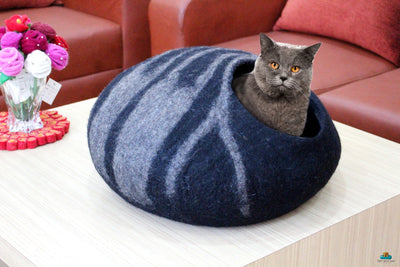 Black Stone Wool Cat Cave - Handmade Pet Furniture -  Organic Felt Wool Bed - Gift for Pet Lover