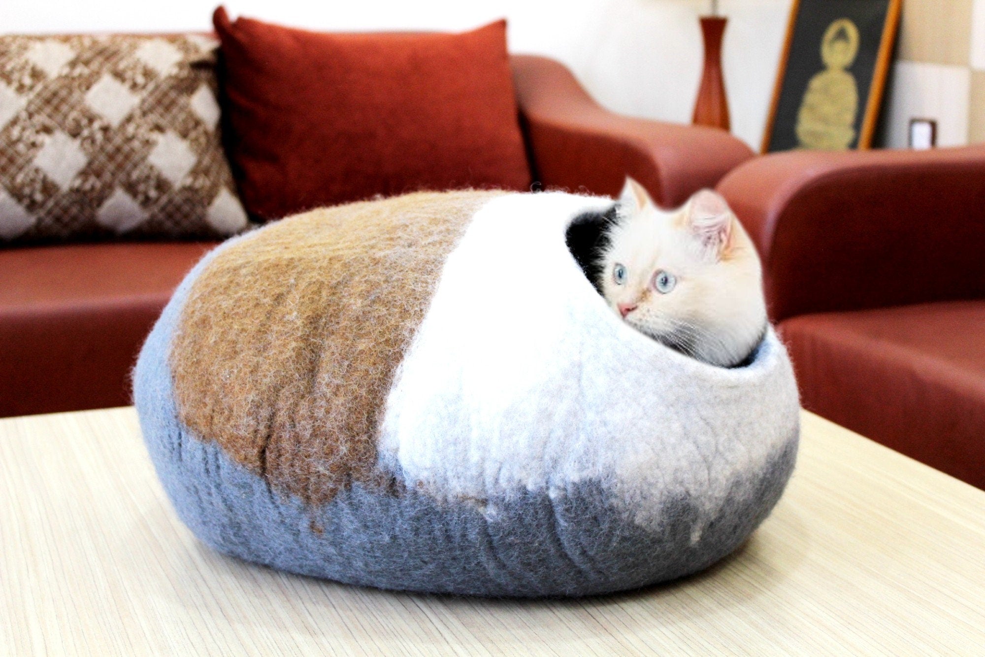 Tri-Colored Large Cat Cave, Wool Cat Bed, Premium Wool Eco- Friendly Pet Bed, Modern Pet Furniture