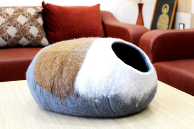 Tri-Colored Large Cat Cave, Wool Cat Bed, Premium Wool Eco- Friendly Pet Bed, Modern Pet Furniture