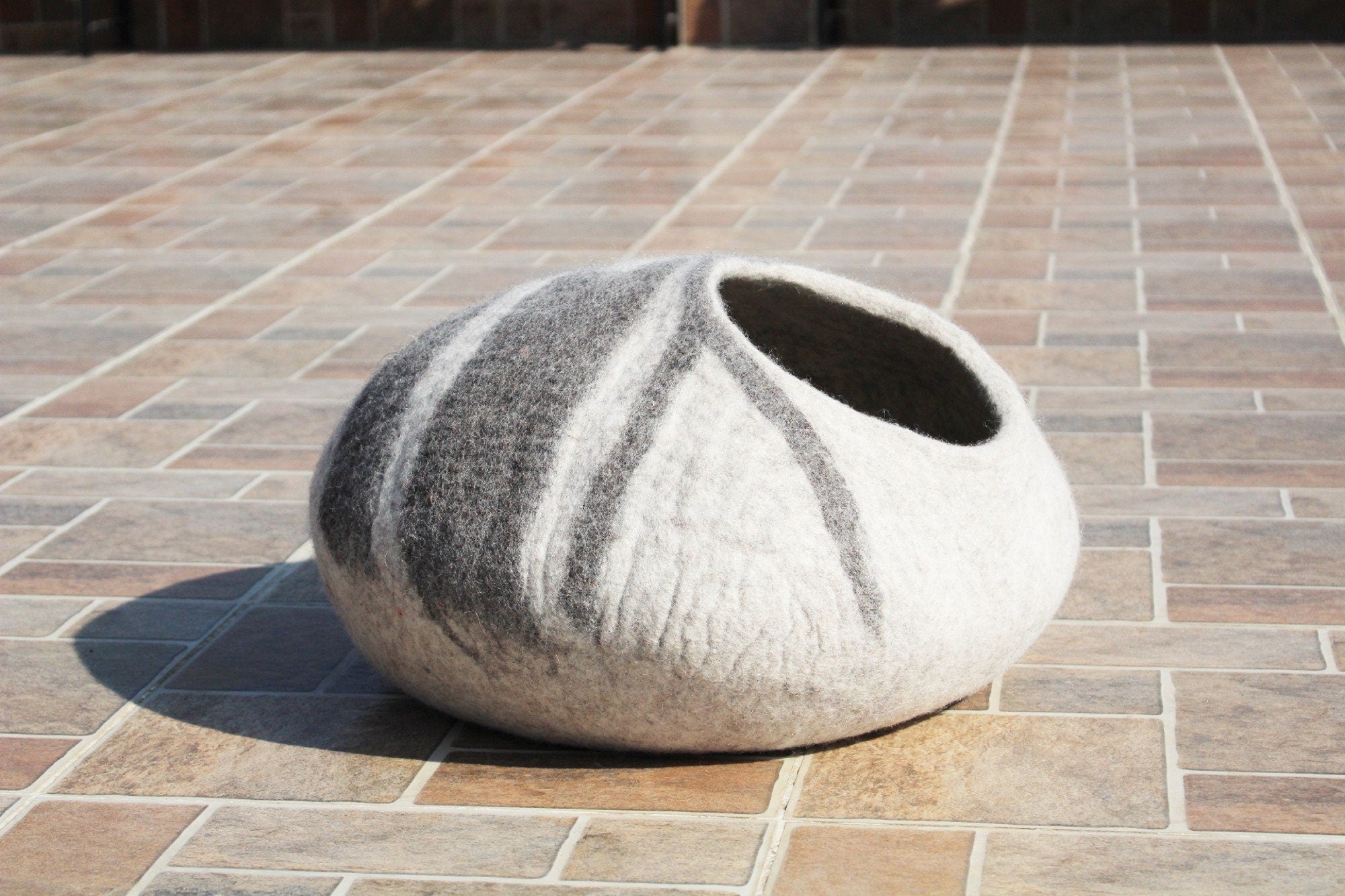 Hand-Felted Wool Cat Cave – Grey and White Striped Cocoon Bed