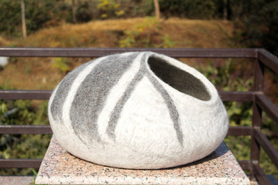Hand-Felted Wool Cat Cave – Grey and White Striped Cocoon Bed